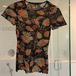 Black Mesh Shirt Pattern Retro 90s Floral Fitted